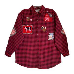VINTAGE 90s Women's Farm Patch Embroidered Red & Black Plaid Flannel Shirt Sz L